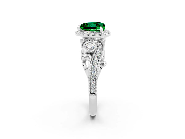 White gold Heart Cut Emerald Halo Ring with Milgrain Pavé Band and Four-Prong Setting