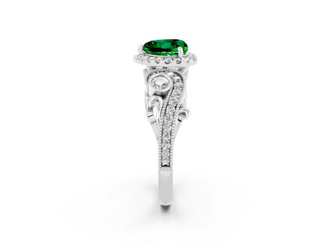 White gold Heart Cut Emerald Halo Ring with Milgrain Pavé Band and Four-Prong Setting_14