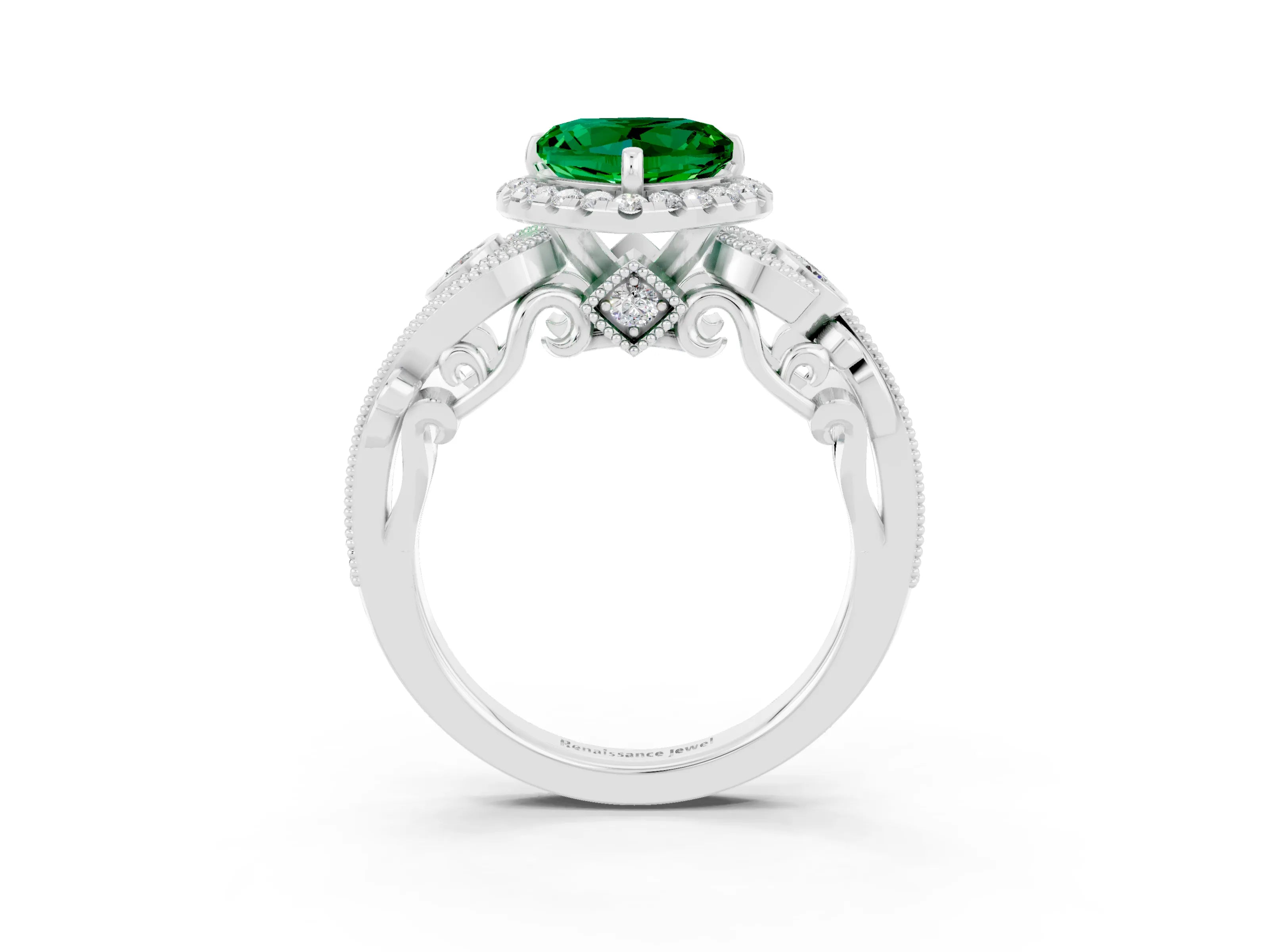 White gold Heart Cut Emerald Halo Ring with Milgrain Pavé Band and Four-Prong Setting_15