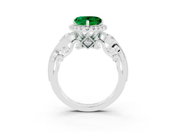 Silver Heart Cut Emerald Halo Ring with Milgrain Pavé Band and Four-Prong Setting