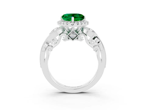 White gold Heart Cut Emerald Halo Ring with Milgrain Pavé Band and Four-Prong Setting_15