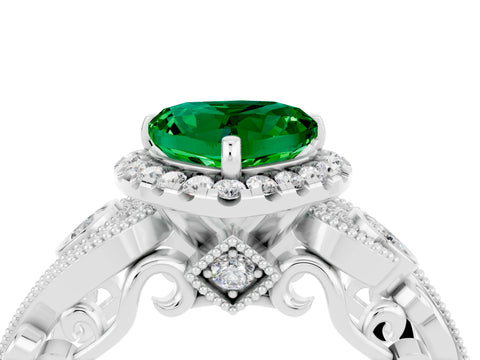 White gold Heart Cut Emerald Halo Ring with Milgrain Pavé Band and Four-Prong Setting_16