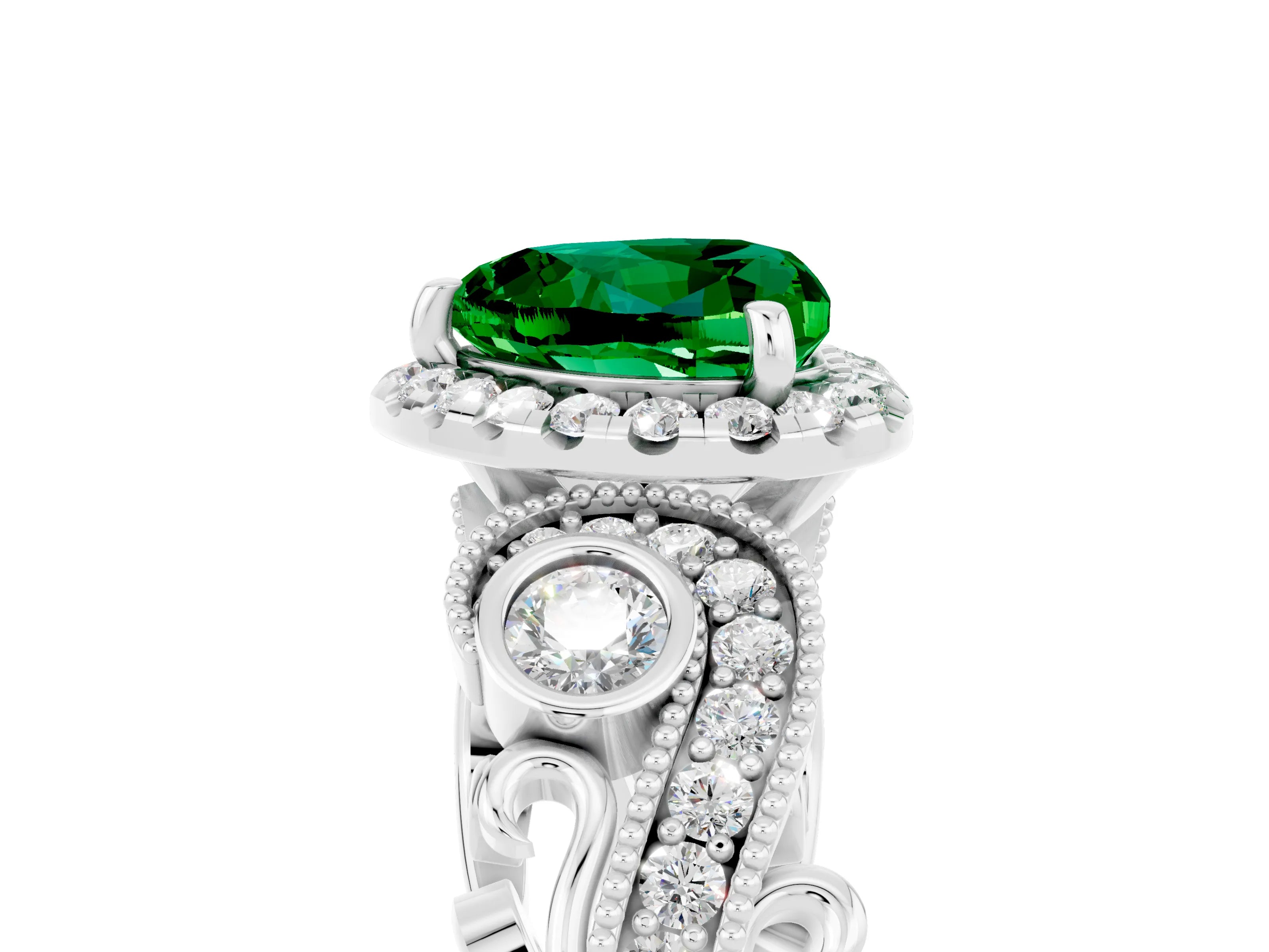 White gold Heart Cut Emerald Halo Ring with Milgrain Pavé Band and Four-Prong Setting_17