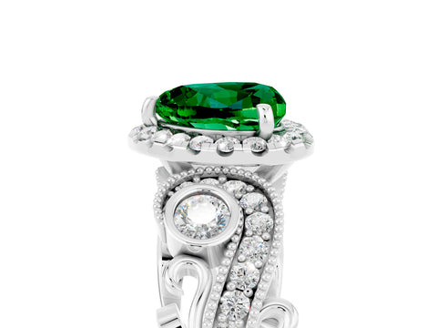 White gold Heart Cut Emerald Halo Ring with Milgrain Pavé Band and Four-Prong Setting_17