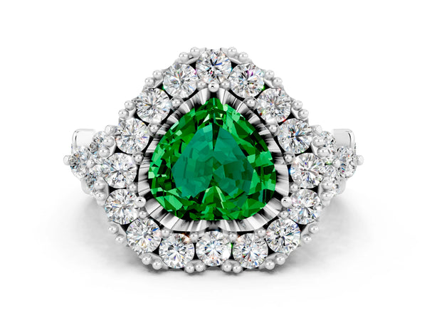 Platinum Heart Cut Emerald Halo Ring with Pavé Band and Four-Prong Setting