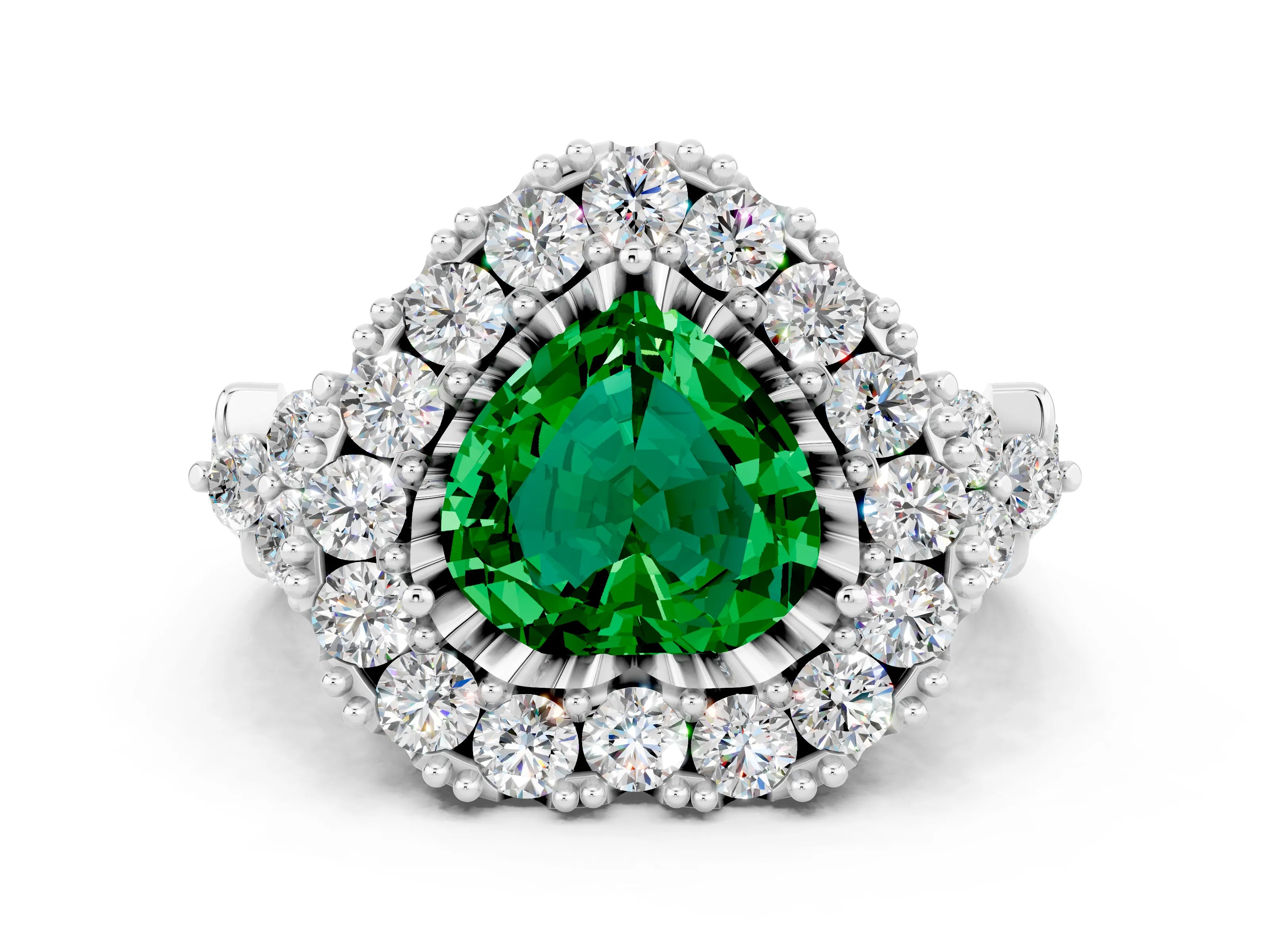 White gold Heart Cut Emerald Halo Ring with Pavé Band and Four-Prong Setting_12