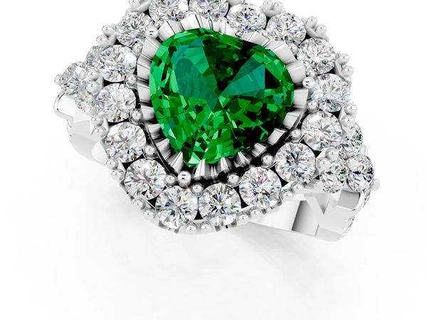 Platinum Heart Cut Emerald Halo Ring with Pavé Band and Four-Prong Setting