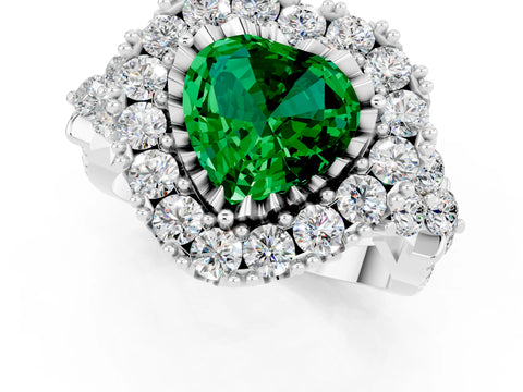 White gold Heart Cut Emerald Halo Ring with Pavé Band and Four-Prong Setting_13