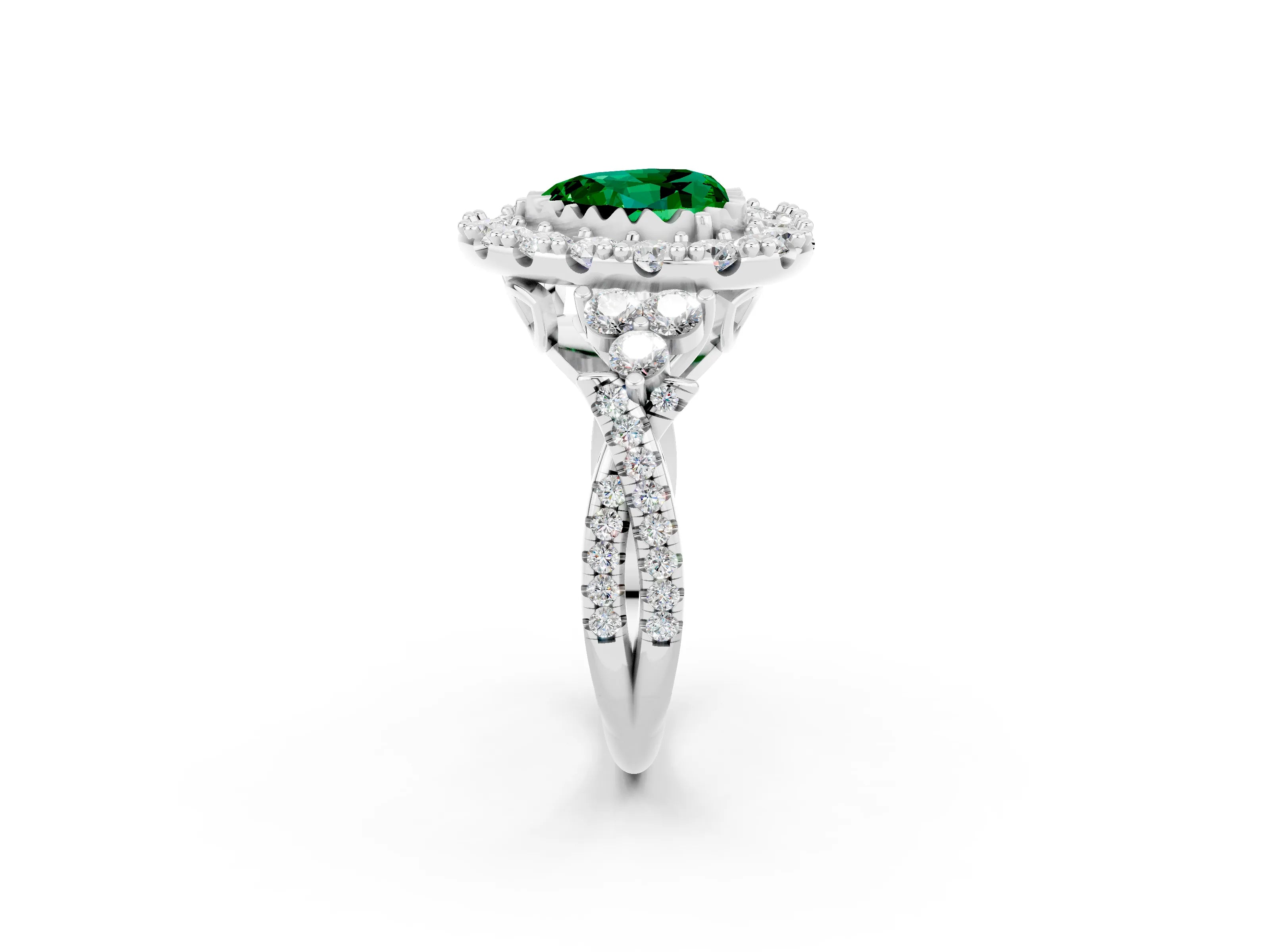White gold Heart Cut Emerald Halo Ring with Pavé Band and Four-Prong Setting_14