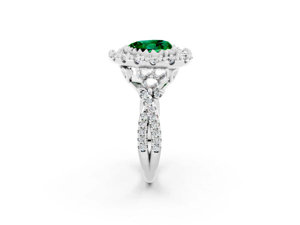 White gold Heart Cut Emerald Halo Ring with Pavé Band and Four-Prong Setting