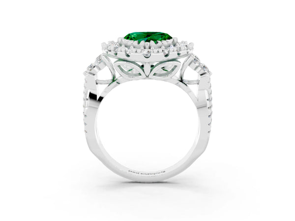 Platinum Heart Cut Emerald Halo Ring with Pavé Band and Four-Prong Setting