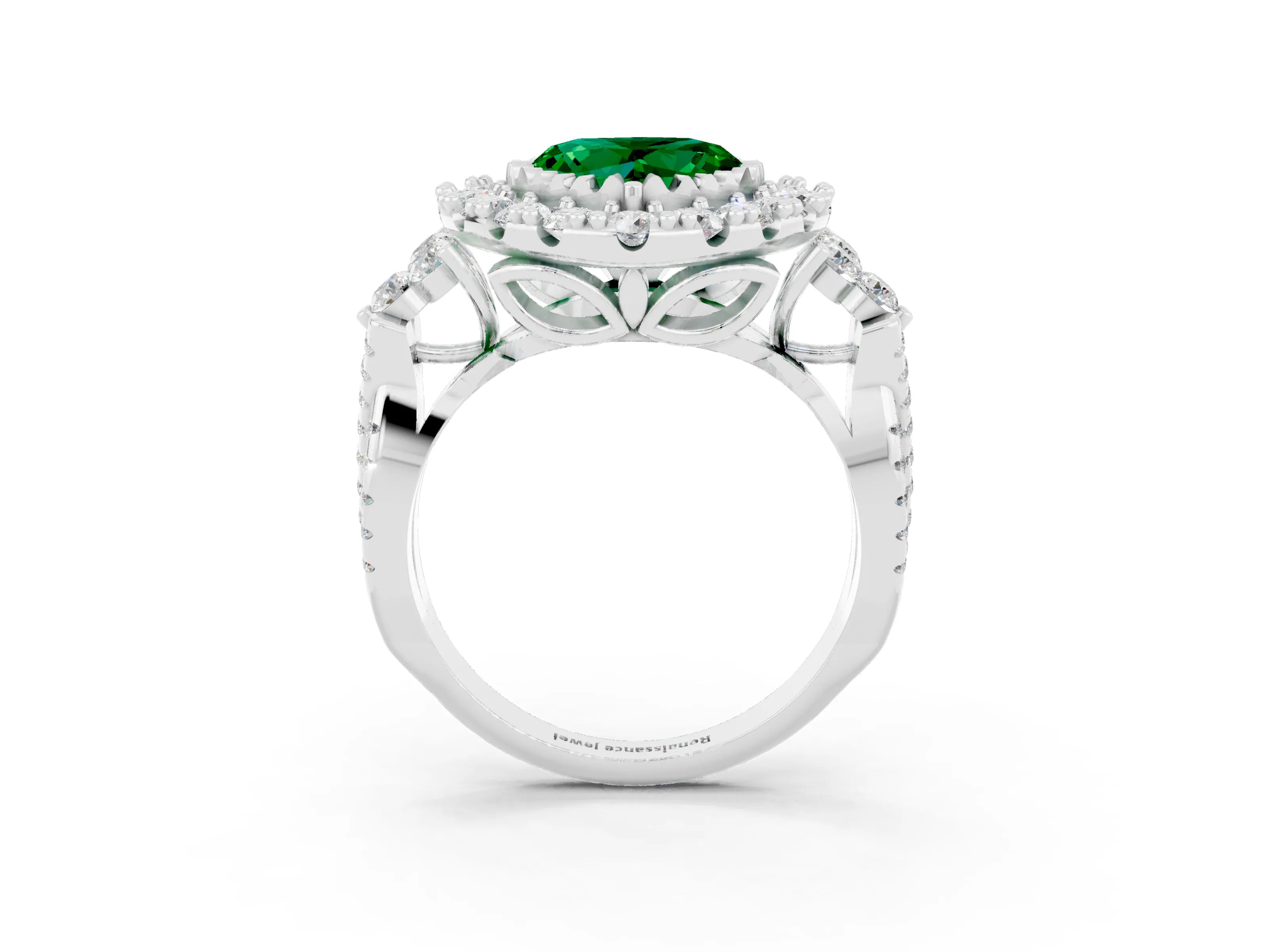 White gold Heart Cut Emerald Halo Ring with Pavé Band and Four-Prong Setting_15