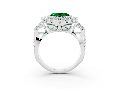 White gold Heart Cut Emerald Halo Ring with Pavé Band and Four-Prong Setting_15