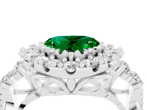 White gold Heart Cut Emerald Halo Ring with Pavé Band and Four-Prong Setting_16