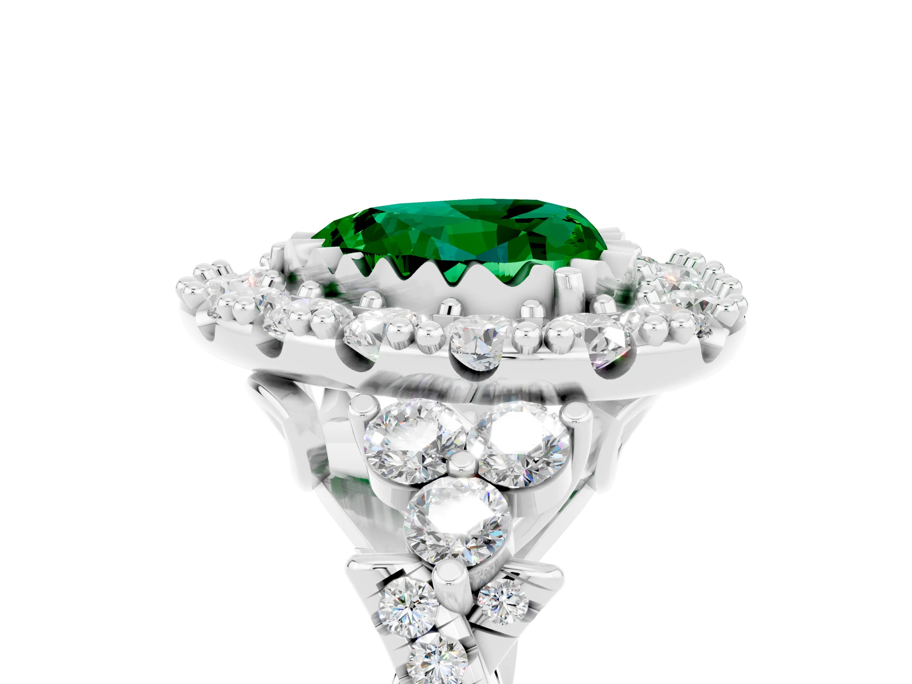 White gold Heart Cut Emerald Halo Ring with Pavé Band and Four-Prong Setting_17