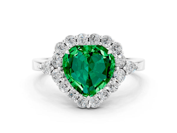 Platinum Heart Cut Emerald Halo Ring with Pear Side Stones and Prong Setting