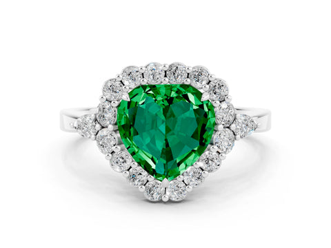 White gold Heart Cut Emerald Halo Ring with Pear Side Stones and Prong Setting_24