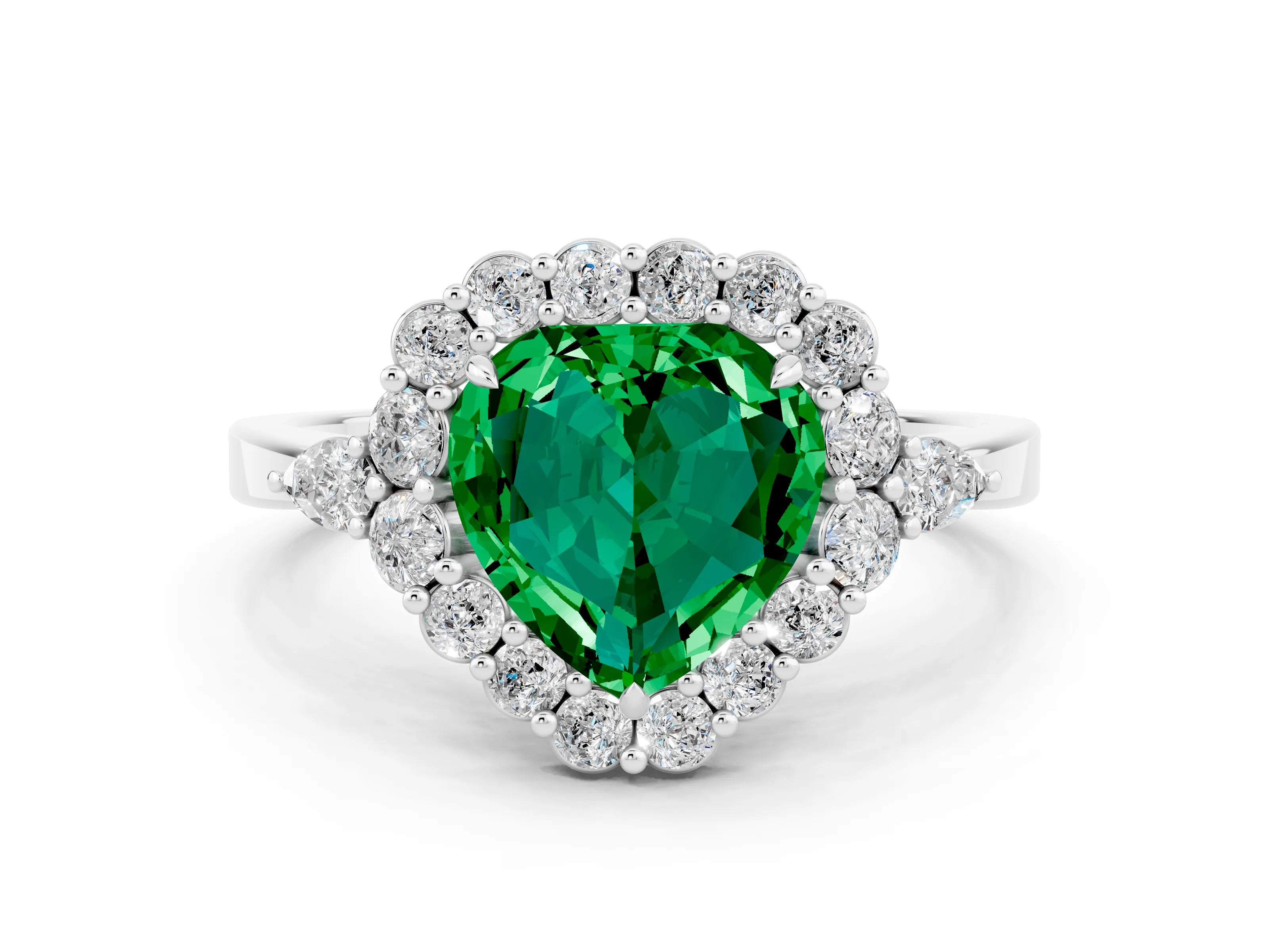 White gold Heart Cut Emerald Halo Ring with Pear Side Stones and Prong Setting_24
