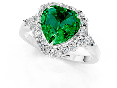 White gold Heart Cut Emerald Halo Ring with Pear Side Stones and Prong Setting_25
