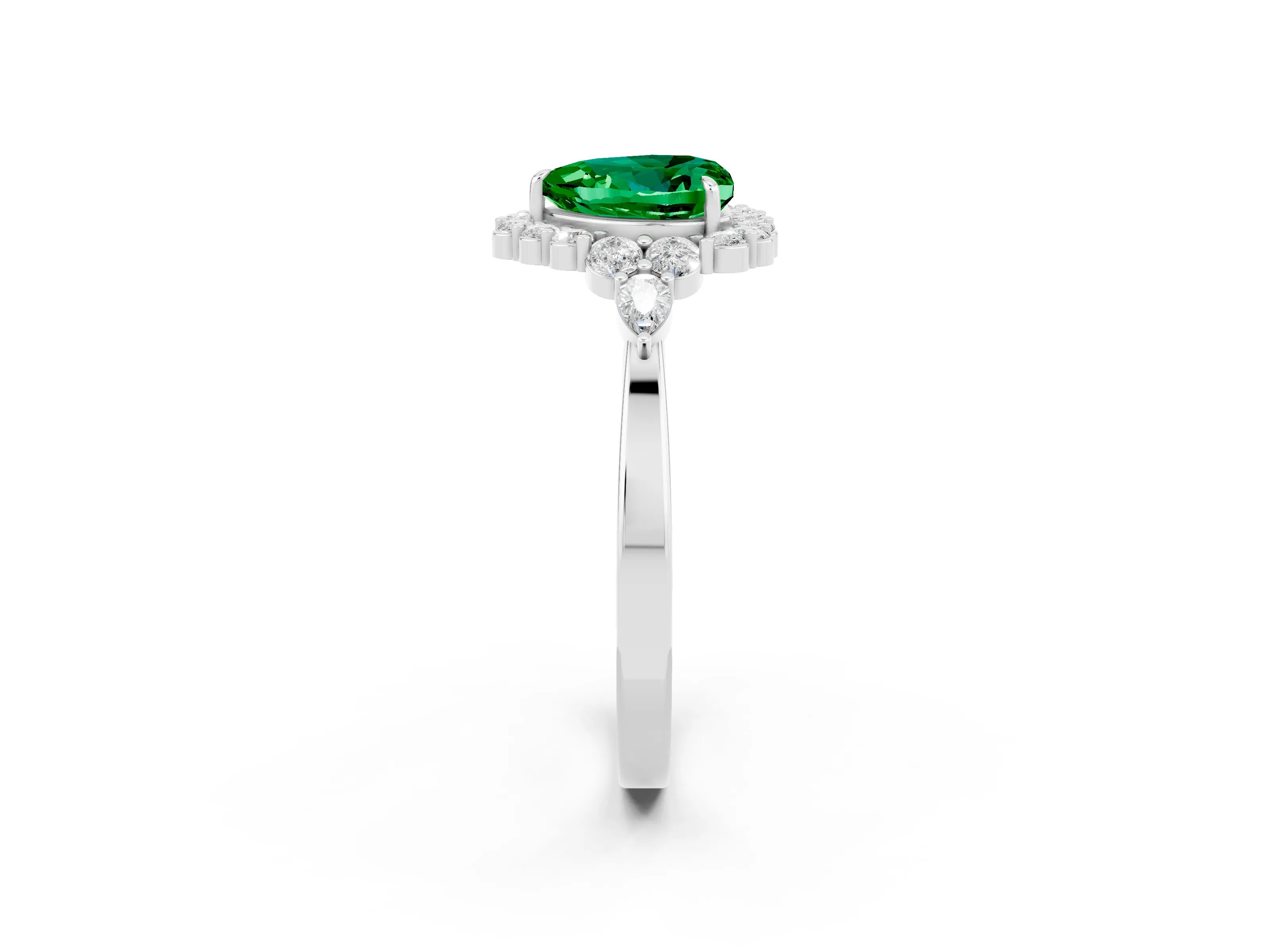 White gold Heart Cut Emerald Halo Ring with Pear Side Stones and Prong Setting_26