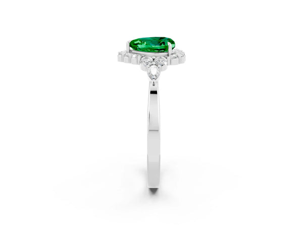 Silver Heart Cut Emerald Halo Ring with Pear Side Stones and Prong Setting