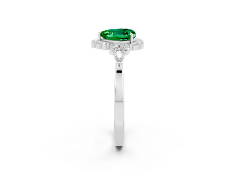 White gold Heart Cut Emerald Halo Ring with Pear Side Stones and Prong Setting_26