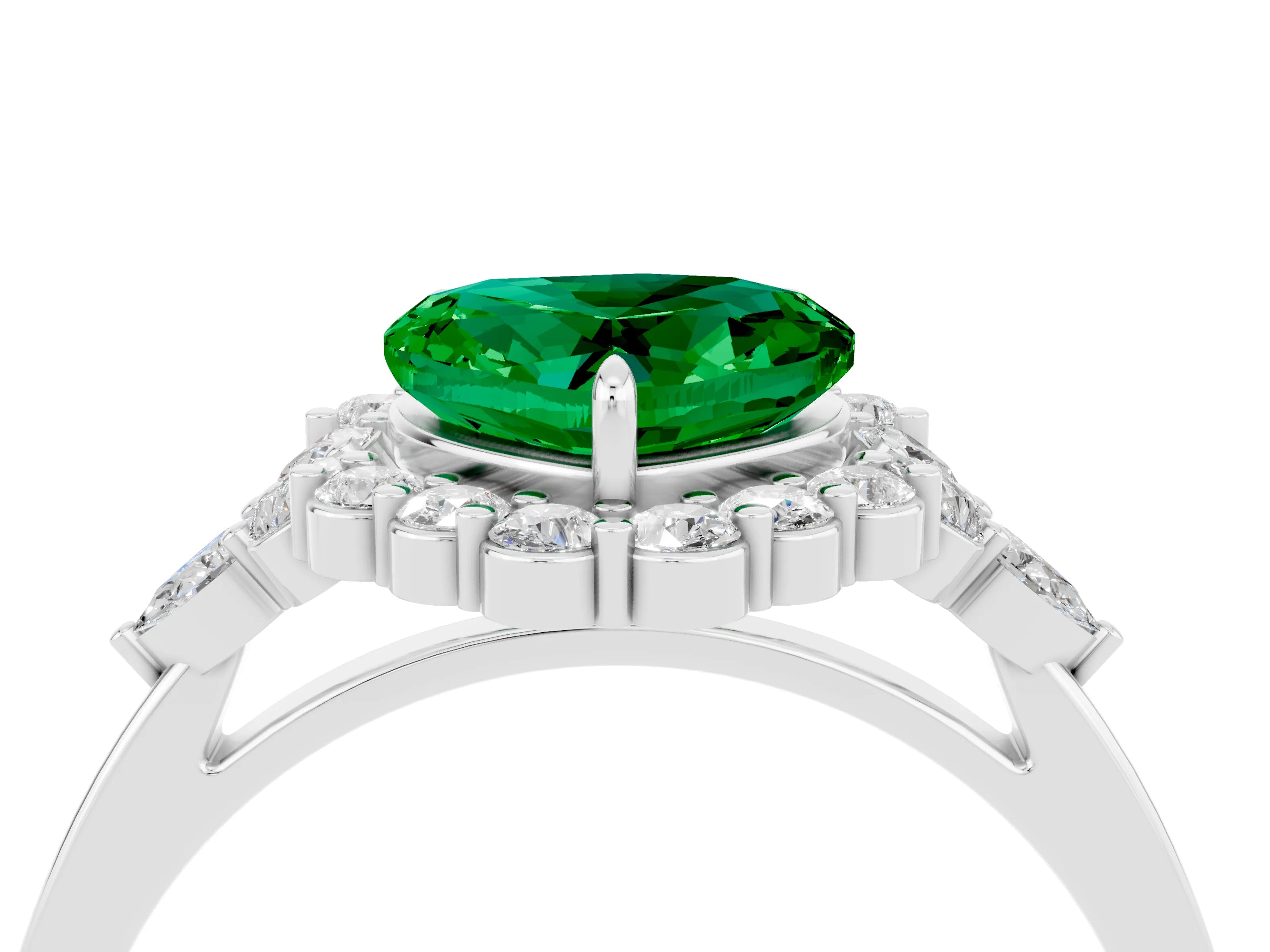 White gold Heart Cut Emerald Halo Ring with Pear Side Stones and Prong Setting_28