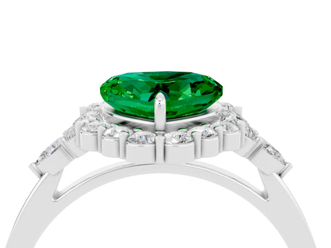 White gold Heart Cut Emerald Halo Ring with Pear Side Stones and Prong Setting_28