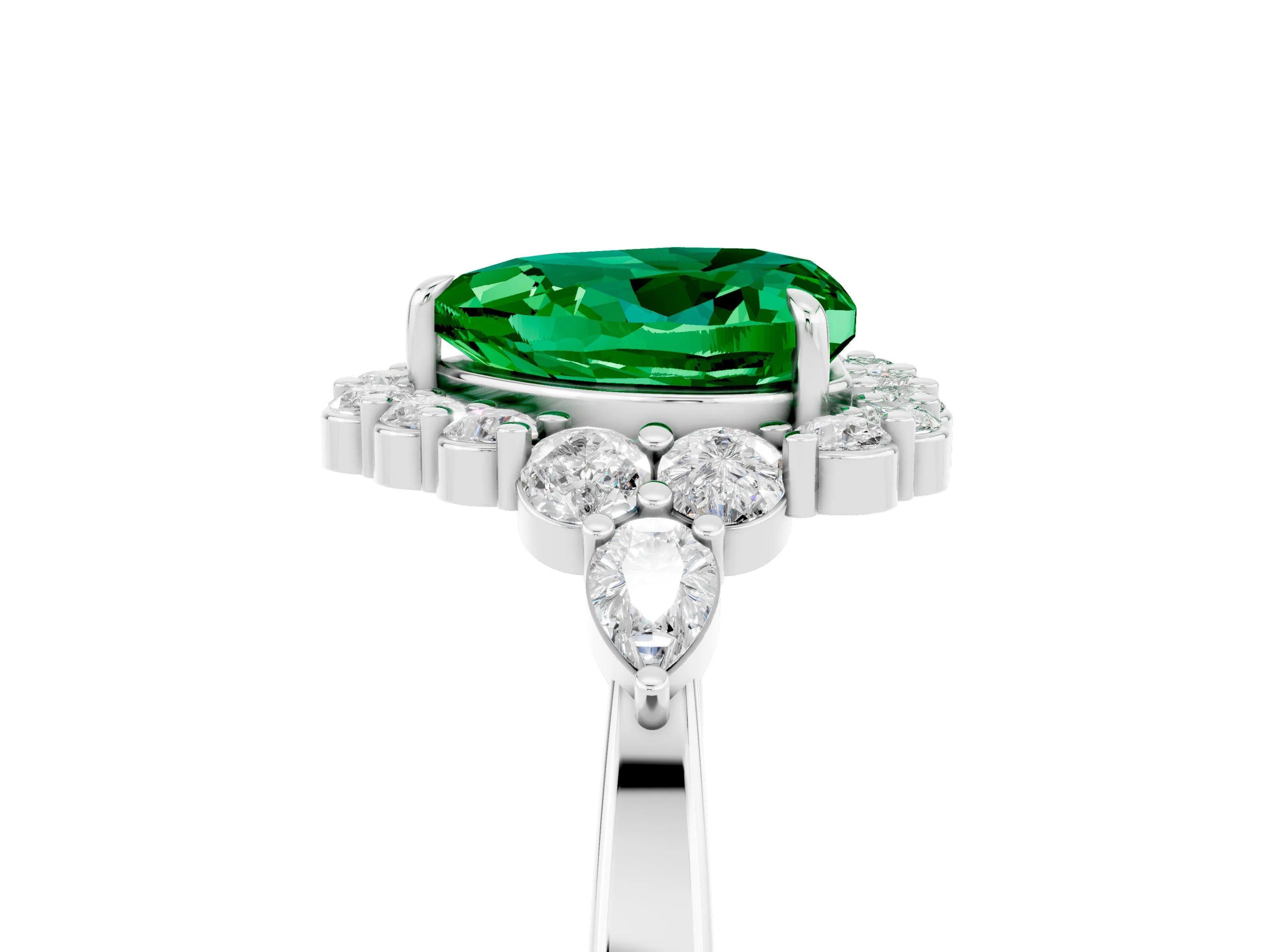 White gold Heart Cut Emerald Halo Ring with Pear Side Stones and Prong Setting_29