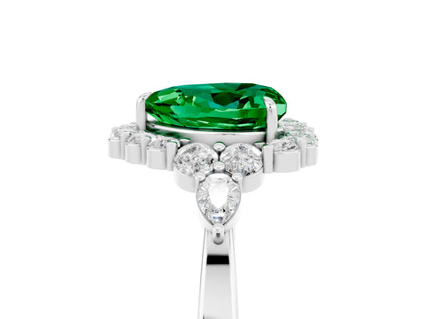 White gold Heart Cut Emerald Halo Ring with Pear Side Stones and Prong Setting_29