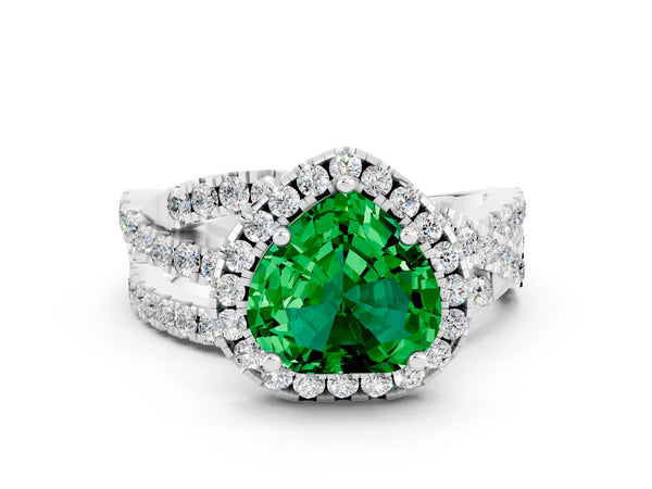 Platinum Heart Cut Emerald Halo Ring with Round Split Shank and Prong Setting