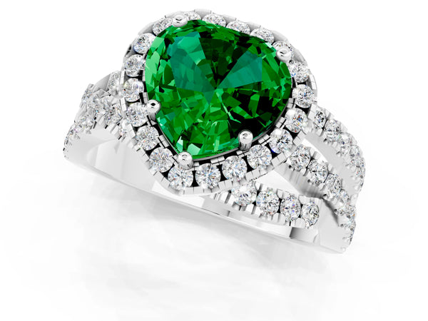 Platinum Heart Cut Emerald Halo Ring with Round Split Shank and Prong Setting