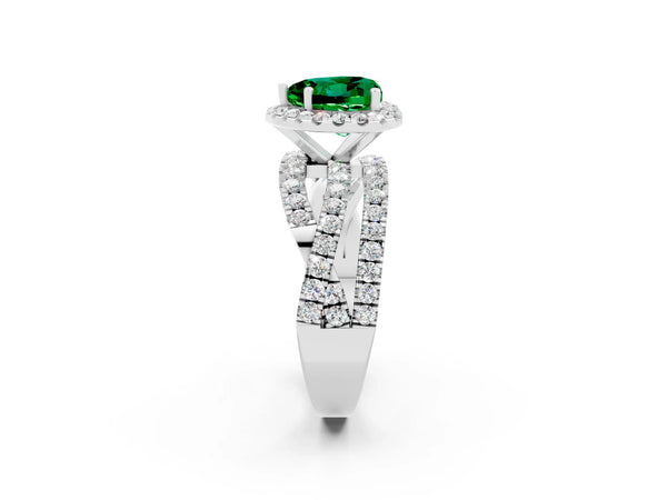 Platinum Heart Cut Emerald Halo Ring with Round Split Shank and Prong Setting