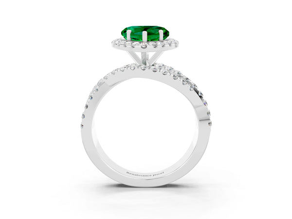 Platinum Heart Cut Emerald Halo Ring with Round Split Shank and Prong Setting
