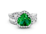 White gold Heart Cut Emerald Halo Ring with Round Split Shank and Prong Setting_60