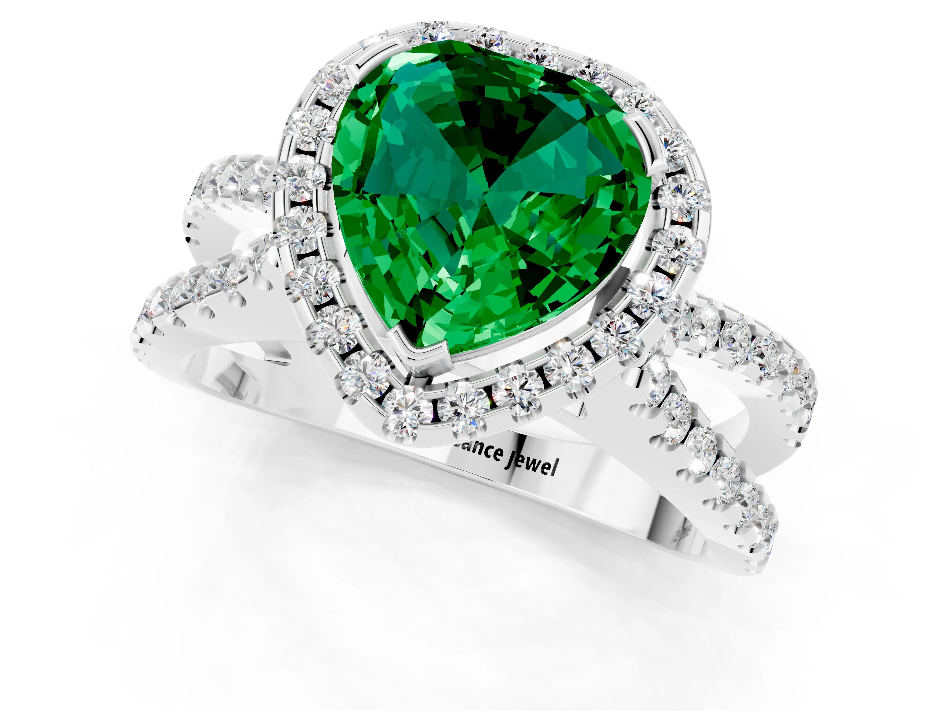 White gold Heart Cut Emerald Halo Ring with Split Shank Pavé Band and Prong Setting_1