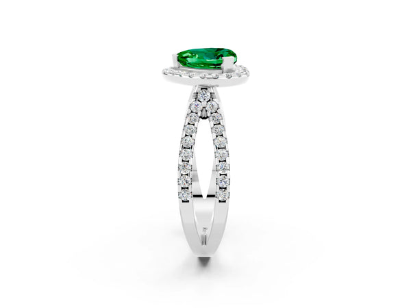 Platinum Heart Cut Emerald Halo Ring with Split Shank Pavé Band and Prong Setting