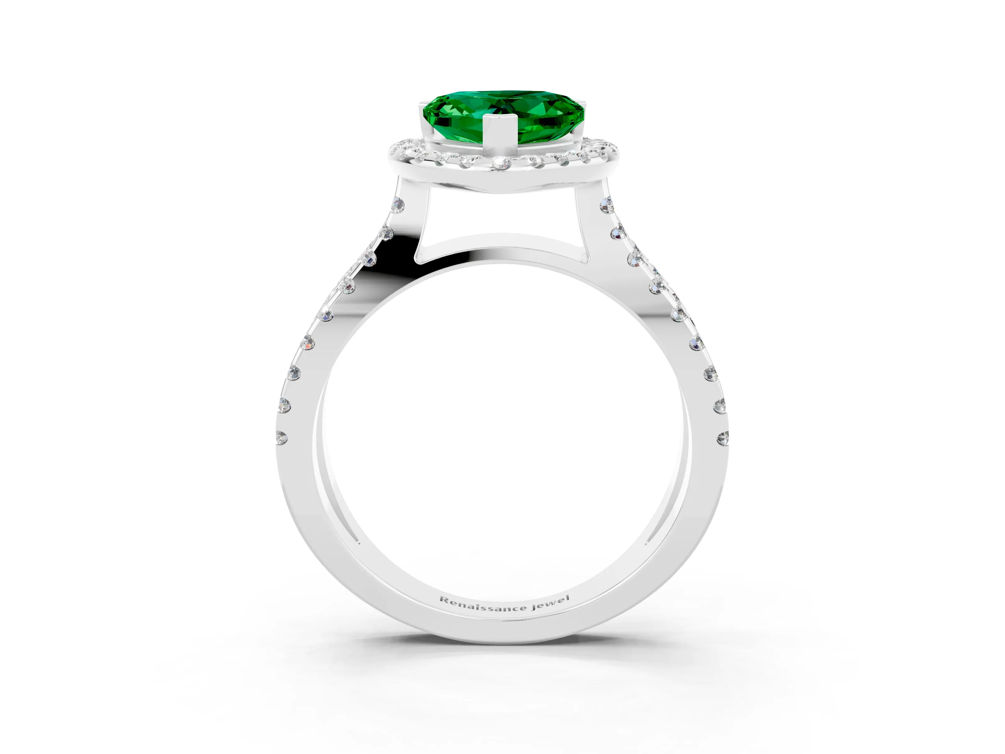White gold Heart Cut Emerald Halo Ring with Split Shank Pavé Band and Prong Setting_3