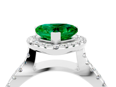 White gold Heart Cut Emerald Halo Ring with Split Shank Pavé Band and Prong Setting_4
