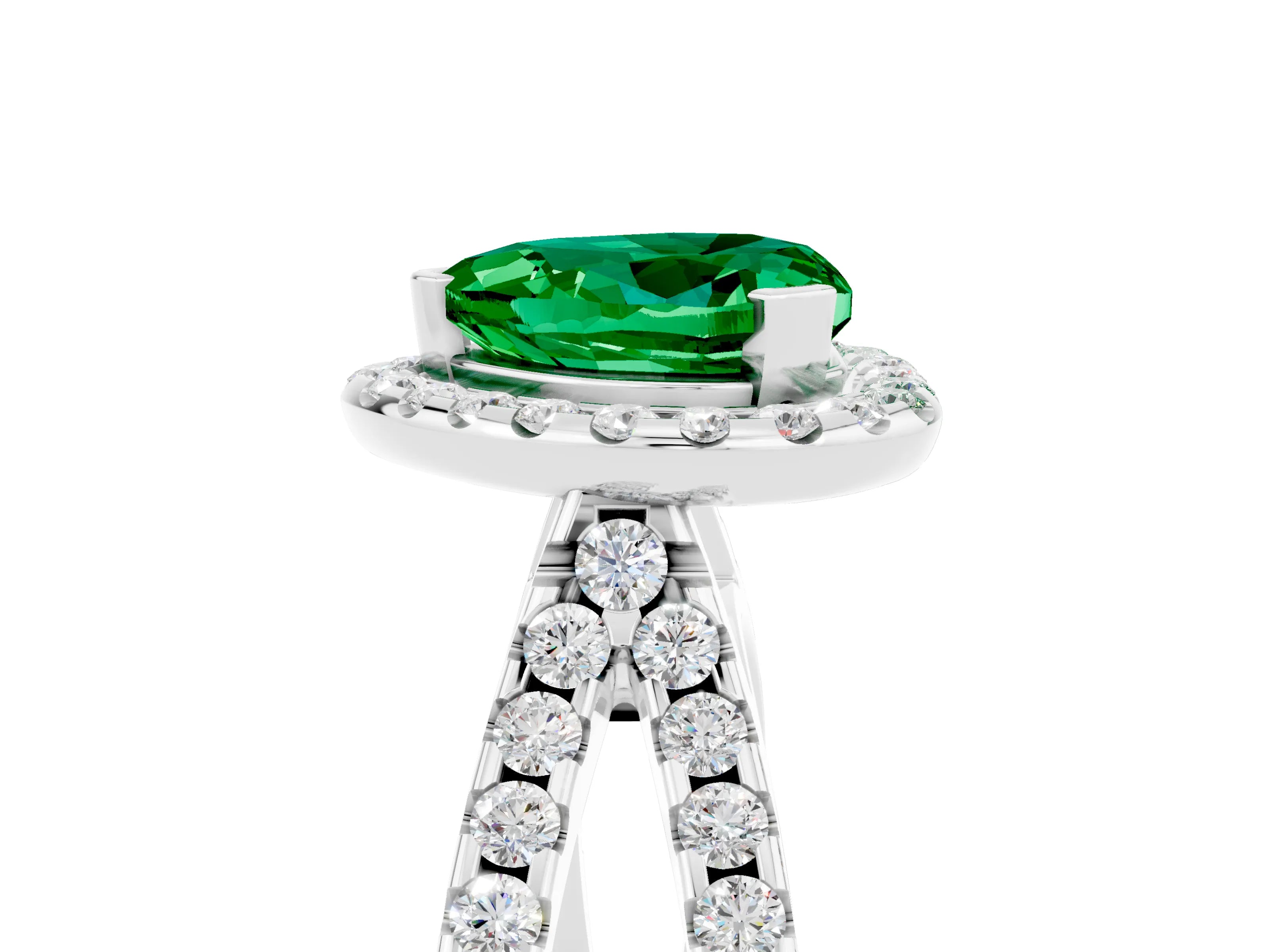 White gold Heart Cut Emerald Halo Ring with Split Shank Pavé Band and Prong Setting_5