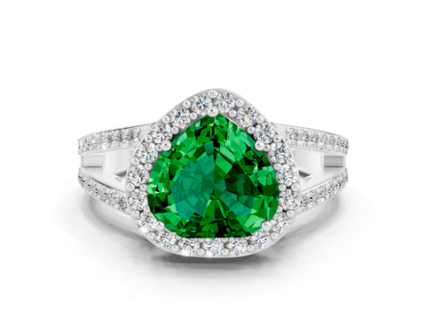 White gold Heart Cut Emerald Halo Ring with Split Shank U-Prong Band and Four-Prong Setting