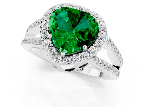 Platinum Heart Cut Emerald Halo Ring with Split Shank U-Prong Band and Four-Prong Setting