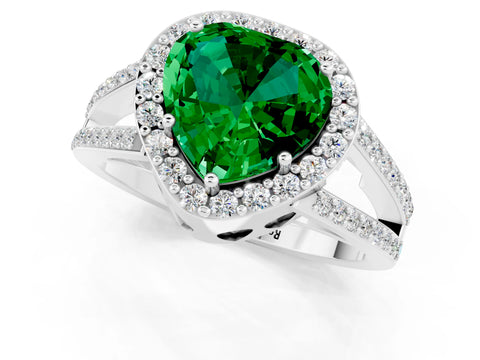 White gold Heart Cut Emerald Halo Ring with Split Shank U-Prong Band and Four-Prong Setting_1