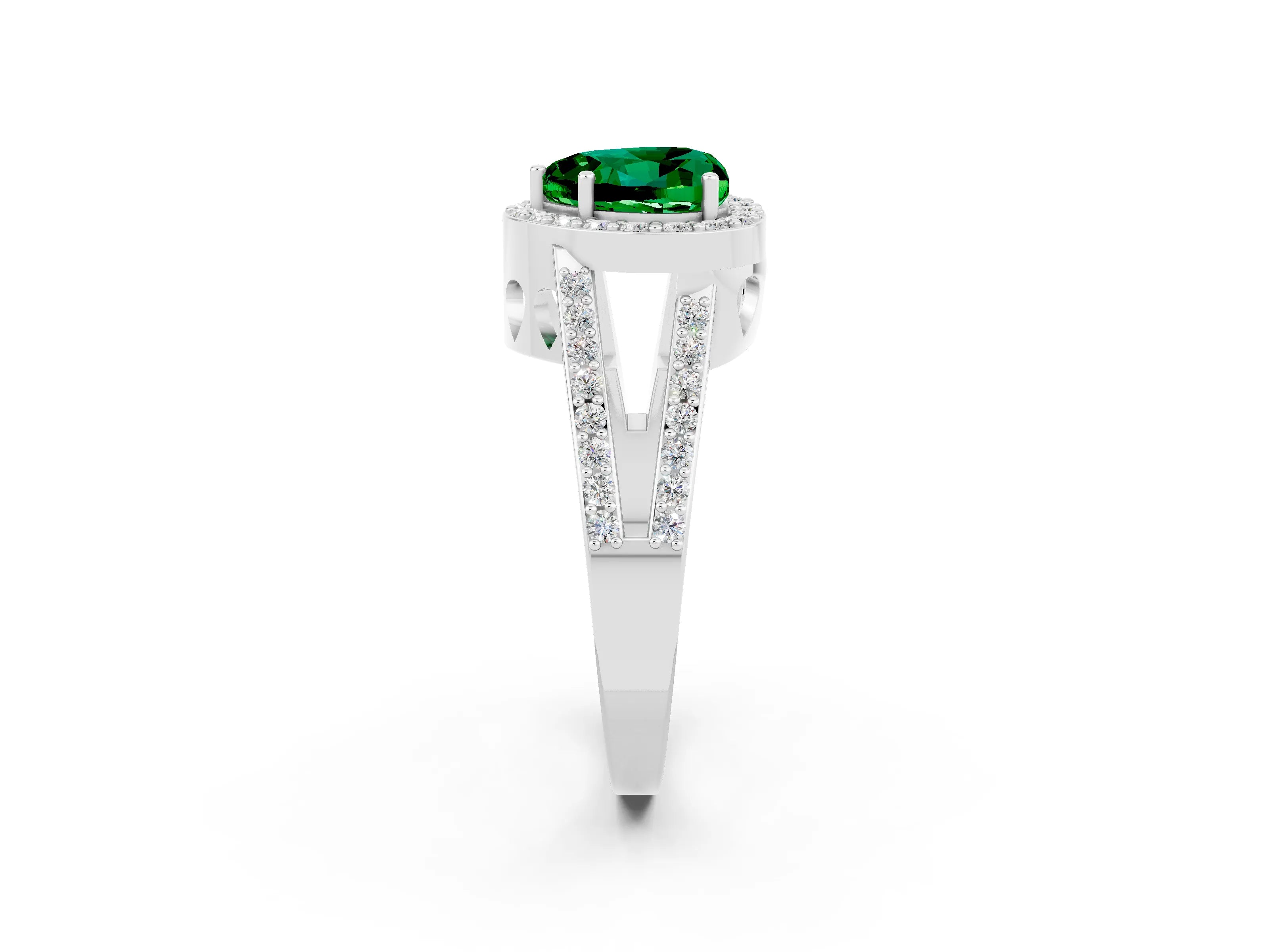 White gold Heart Cut Emerald Halo Ring with Split Shank U-Prong Band and Four-Prong Setting_2
