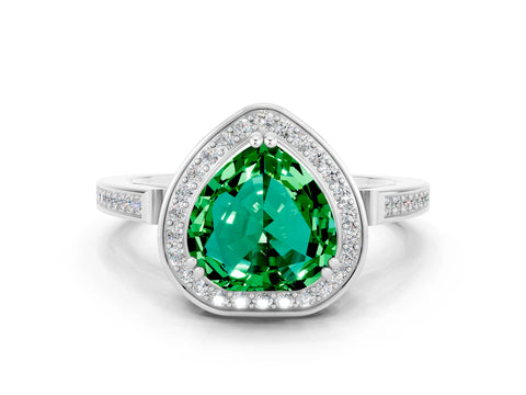White gold Heart Cut Emerald Halo Ring with Split Shank and Four-Prong Setting_12