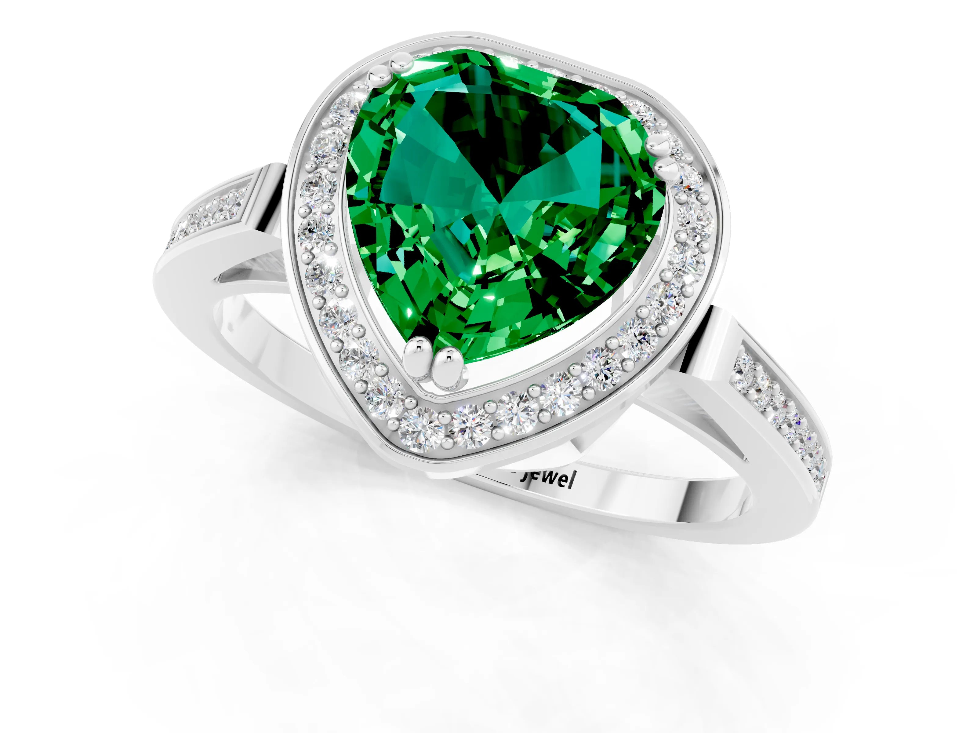 White gold Heart Cut Emerald Halo Ring with Split Shank and Four-Prong Setting_13