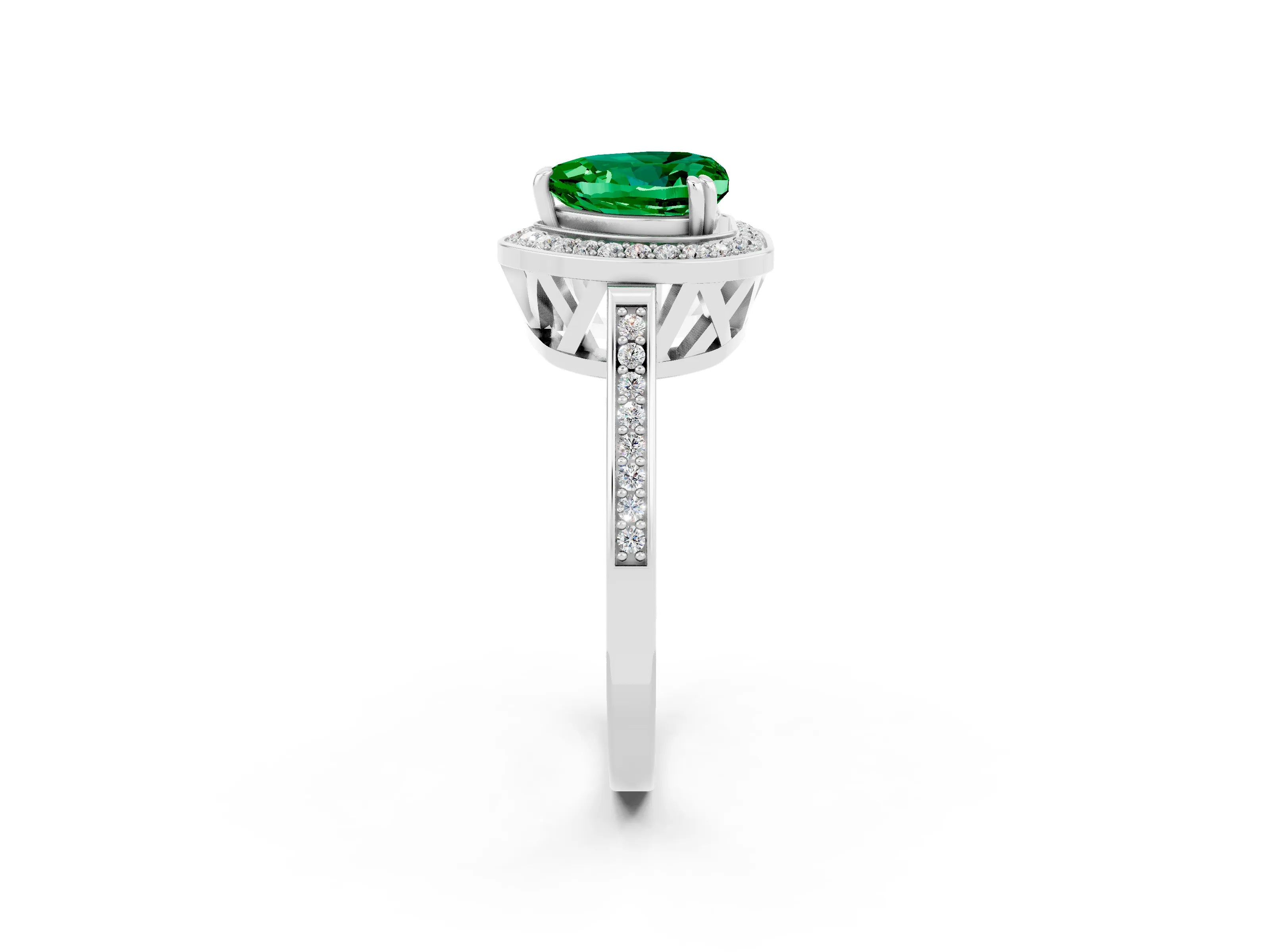White gold Heart Cut Emerald Halo Ring with Split Shank and Four-Prong Setting_14