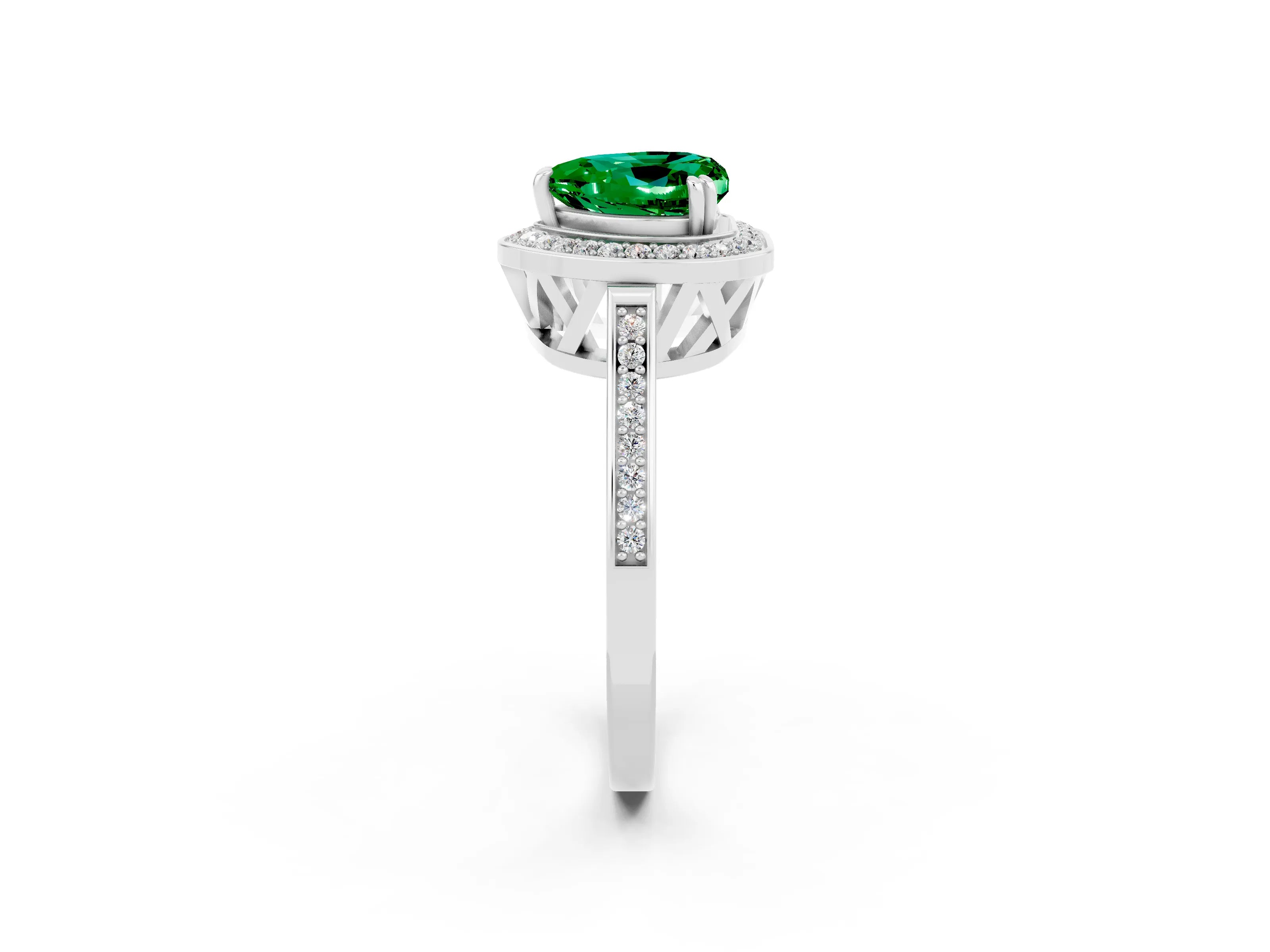 White gold Heart Cut Emerald Halo Ring with Split Shank and Four-Prong Setting_14