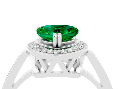 White gold Heart Cut Emerald Halo Ring with Split Shank and Four-Prong Setting_15