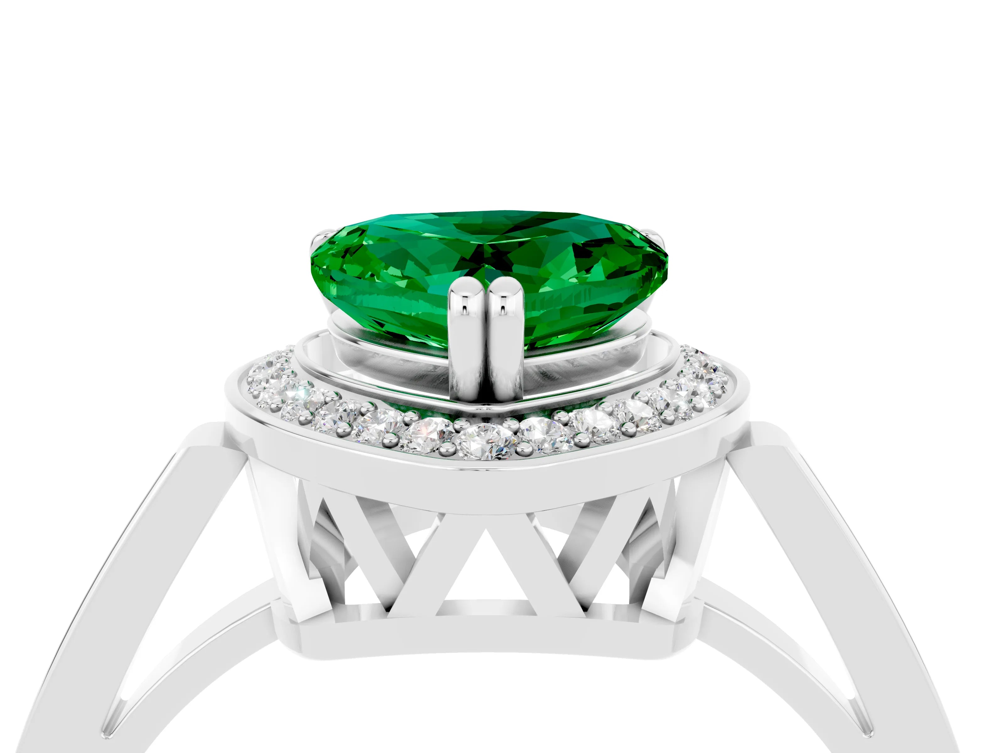 White gold Heart Cut Emerald Halo Ring with Split Shank and Four-Prong Setting_16